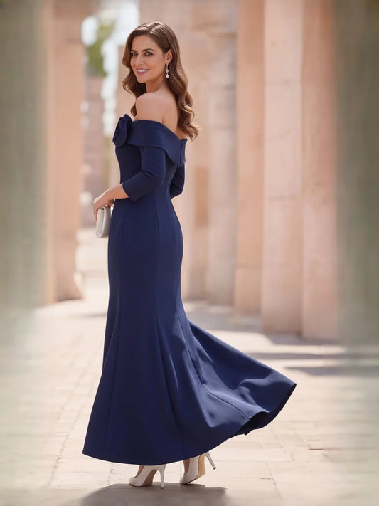 Dark Blue maxi mother of the bride dress, alternate view showing the bodice and skirt