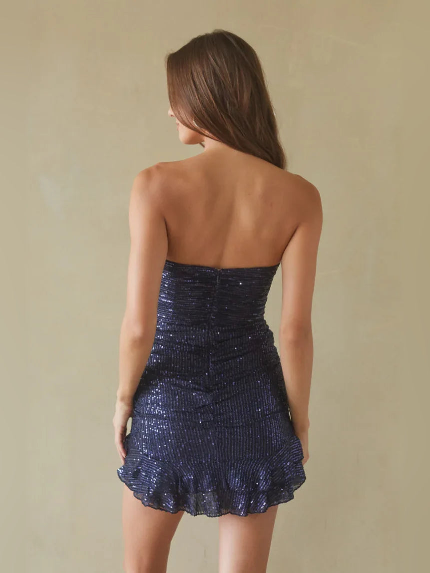 Navy Blue mini homecoming dress, back view showing the rear of the dress