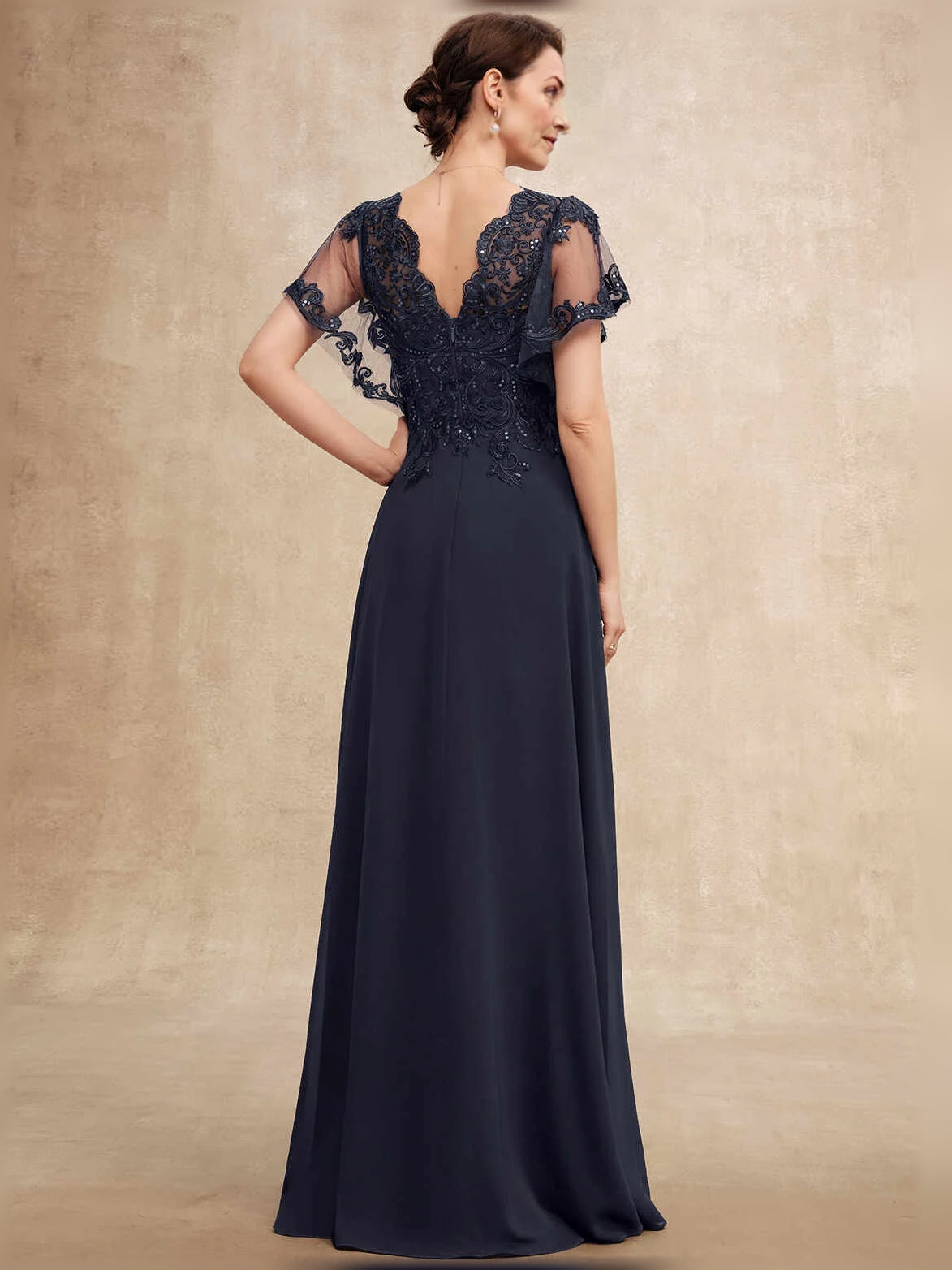 Dark Navy floor-length mother of the bride dress, alternate view showing the bodice and skirt