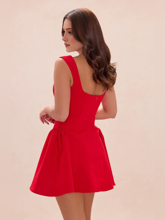 Red mini homecoming dress, back view showing the rear of the dress