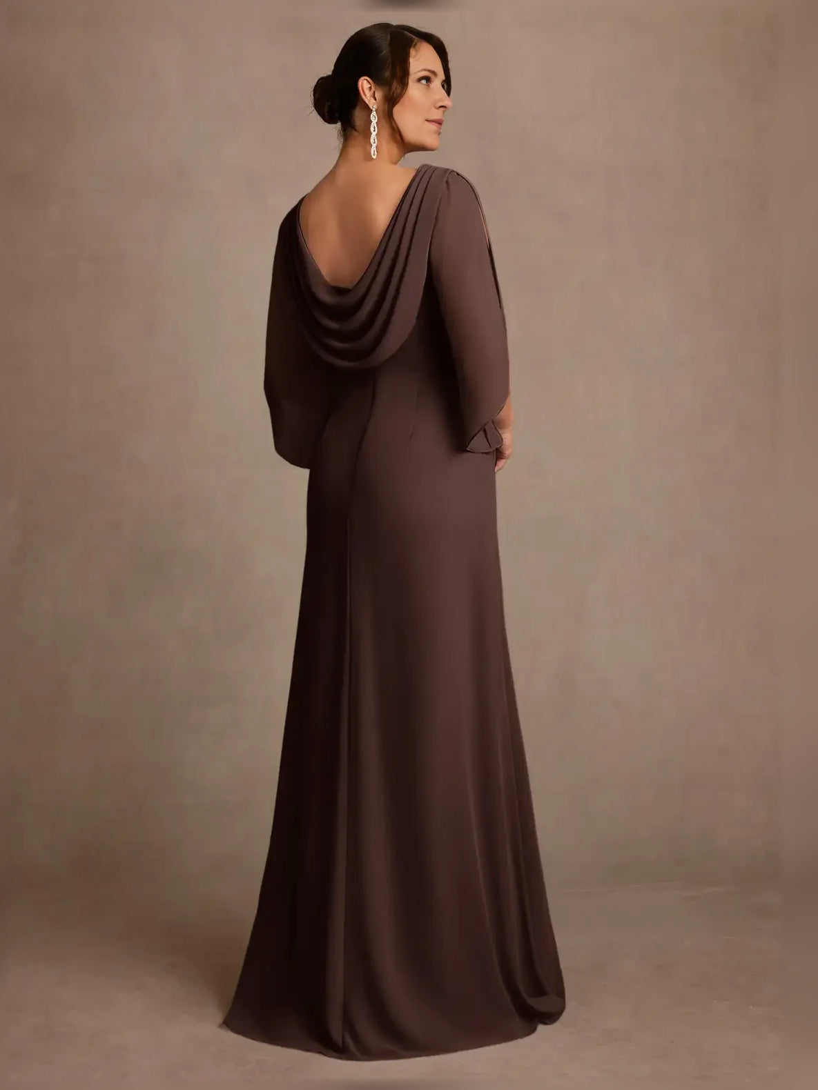 Chocolate floor-length mother of the bride dress, alternate view showing the bodice and skirt