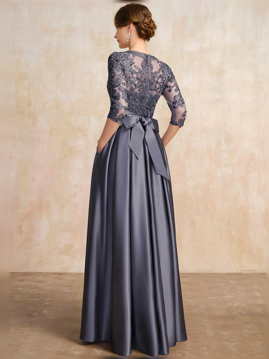 Grey floor-length mother of the bride dress, alternate view showing the bodice and skirt