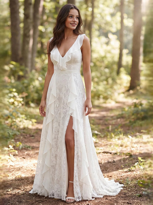 Ivory floor-length wedding dress, alternate view showing the bodice and skirt