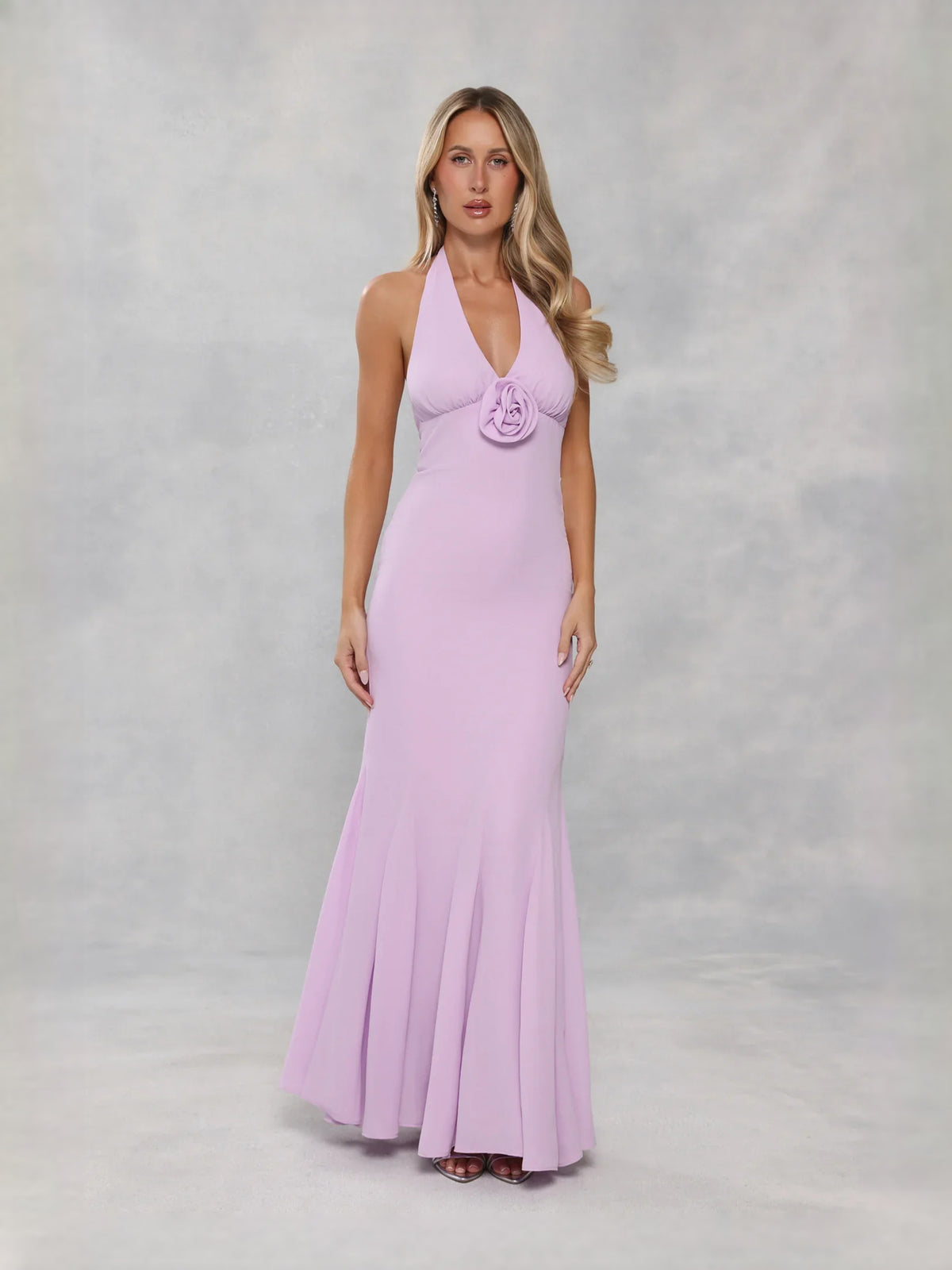 Lavender maxi prom dress, back view showing the rear of the dress