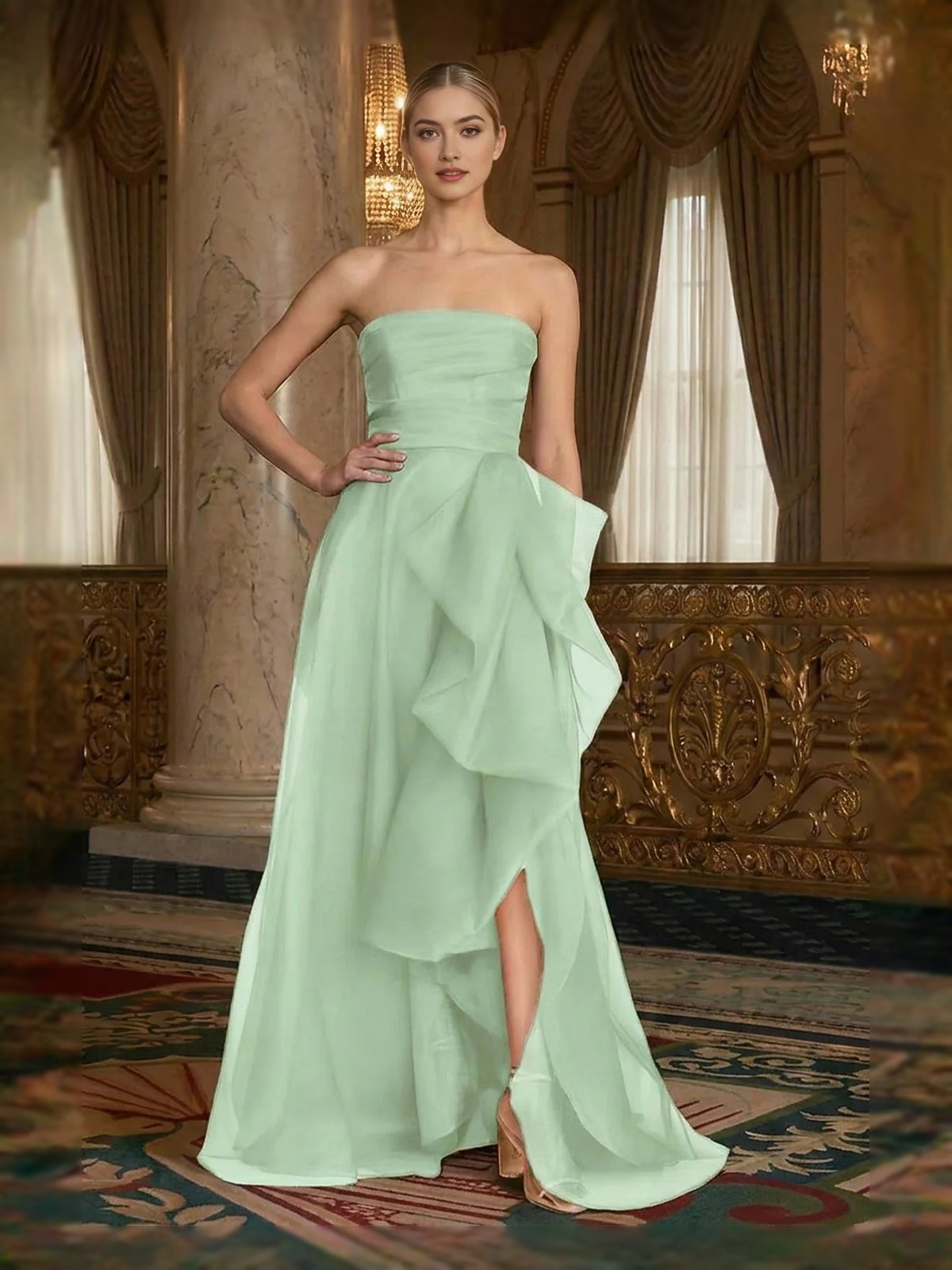 Mint Green floor-length prom dress, alternate view showing the bodice and skirt