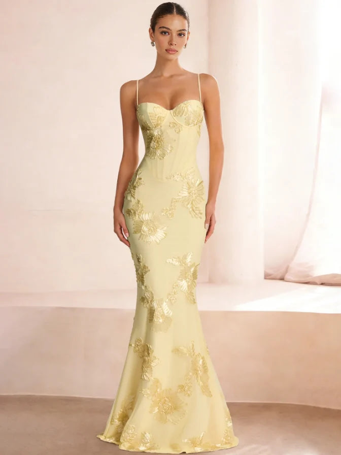 Yellow floor-length prom dress, alternate view showing the bodice and skirt
