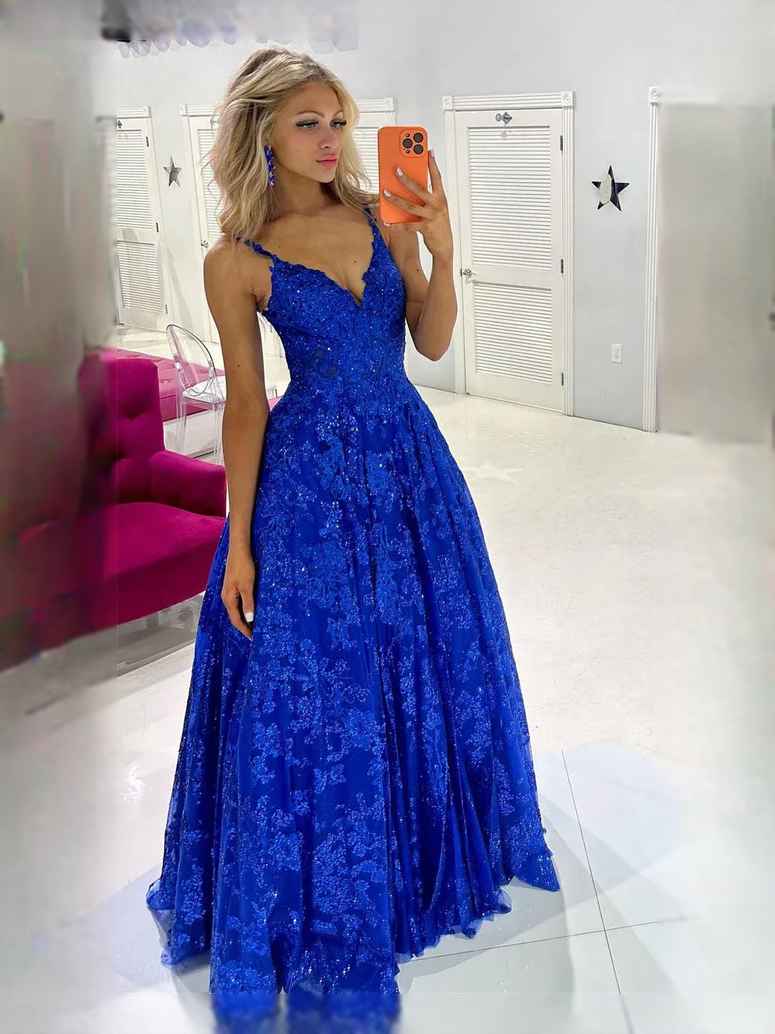 Royal Blue maxi prom dress, alternate view showing the bodice and skirt