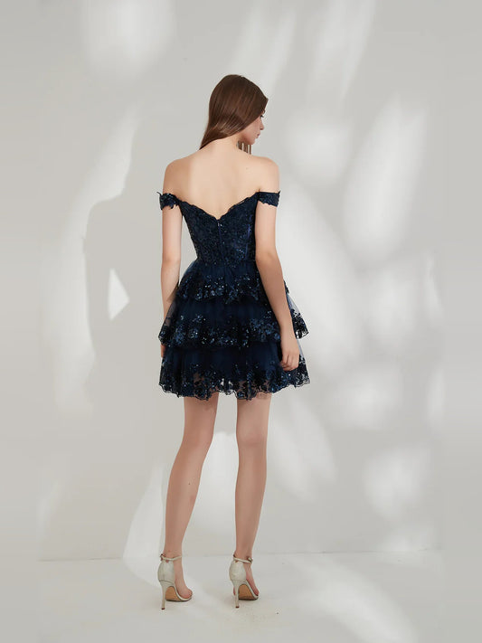 Navy Blue mini homecoming dress, back view showing the rear of the dress
