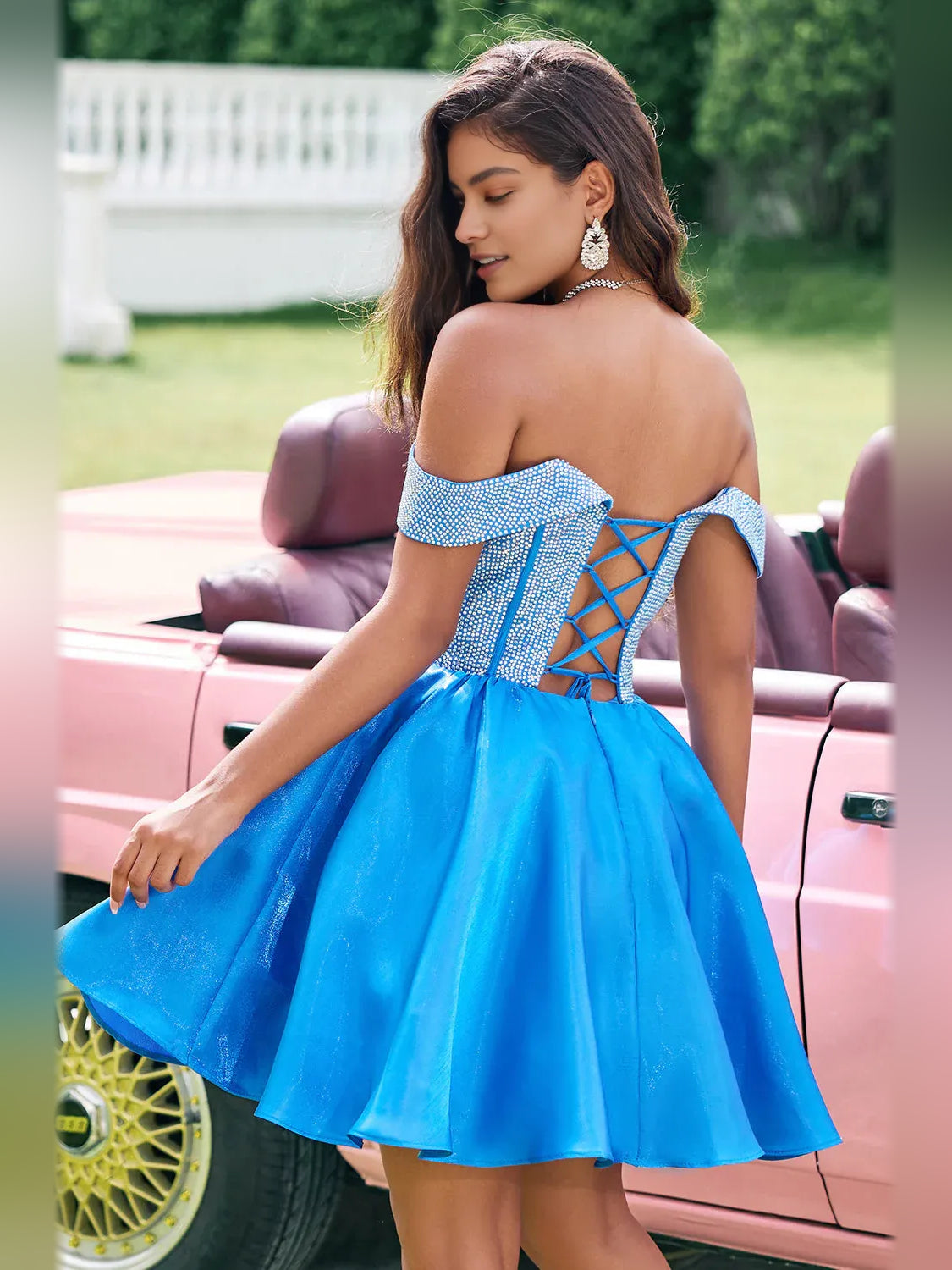 Ocean Blue mini homecoming dress, back view showing the rear of the dress