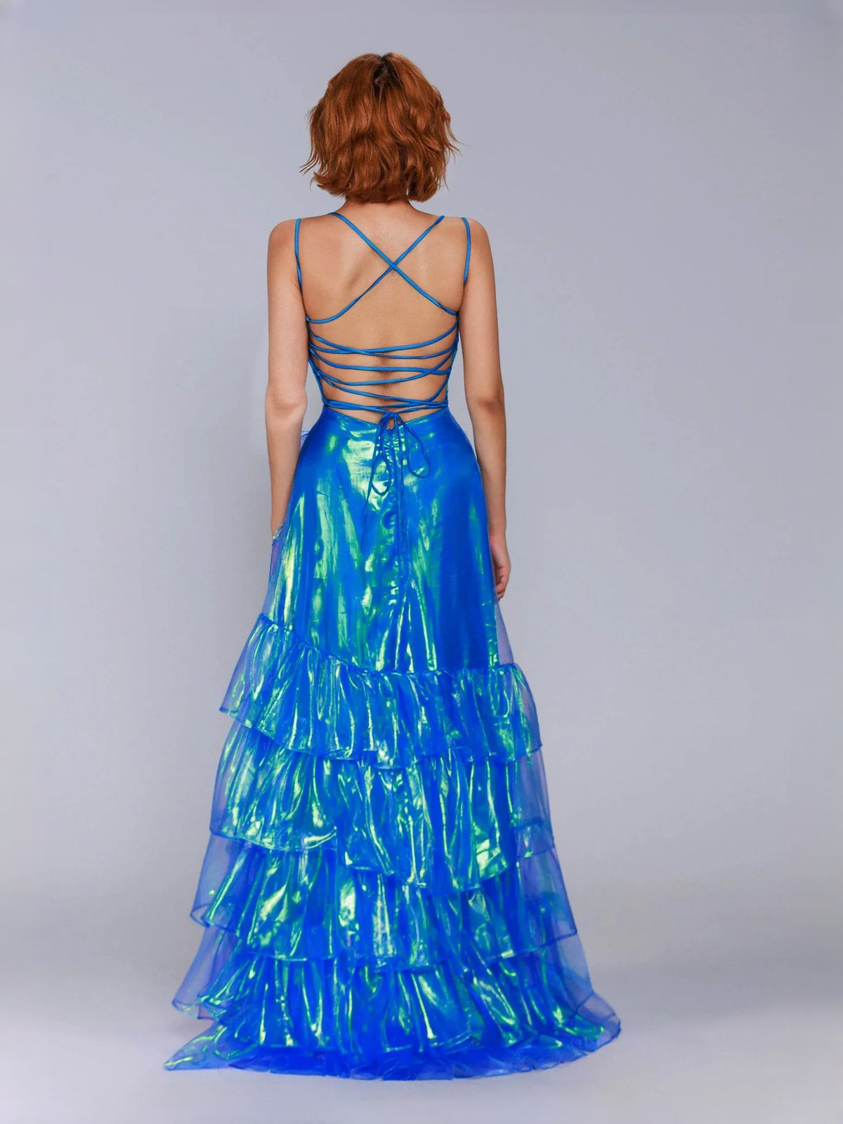 Ocean Blue floor-length prom dress, back view showing the rear of the dress