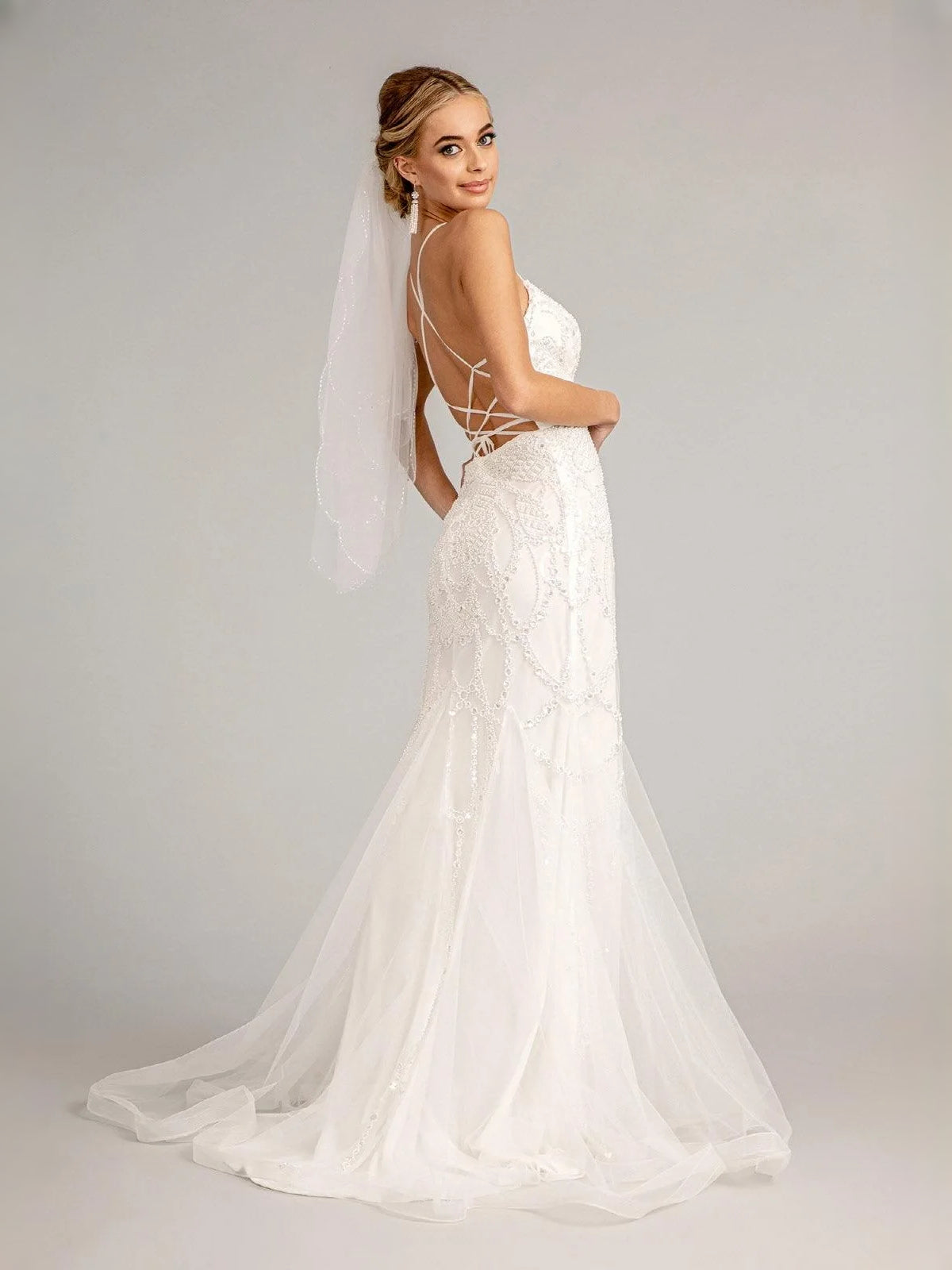Ivory floor-length wedding dress, alternate view showing the bodice and skirt