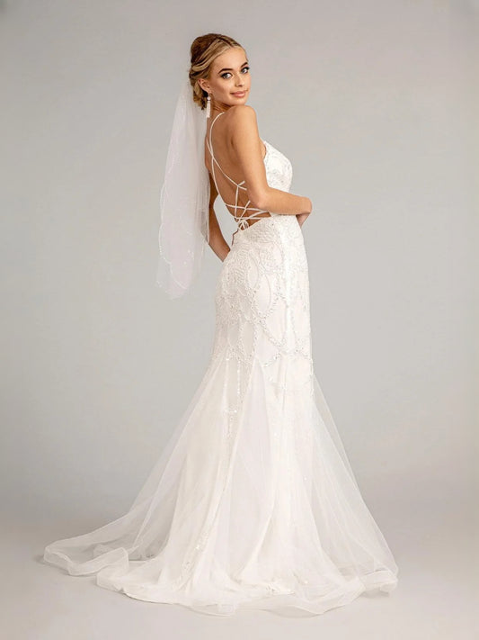 Ivory floor-length wedding dress, alternate view showing the bodice and skirt