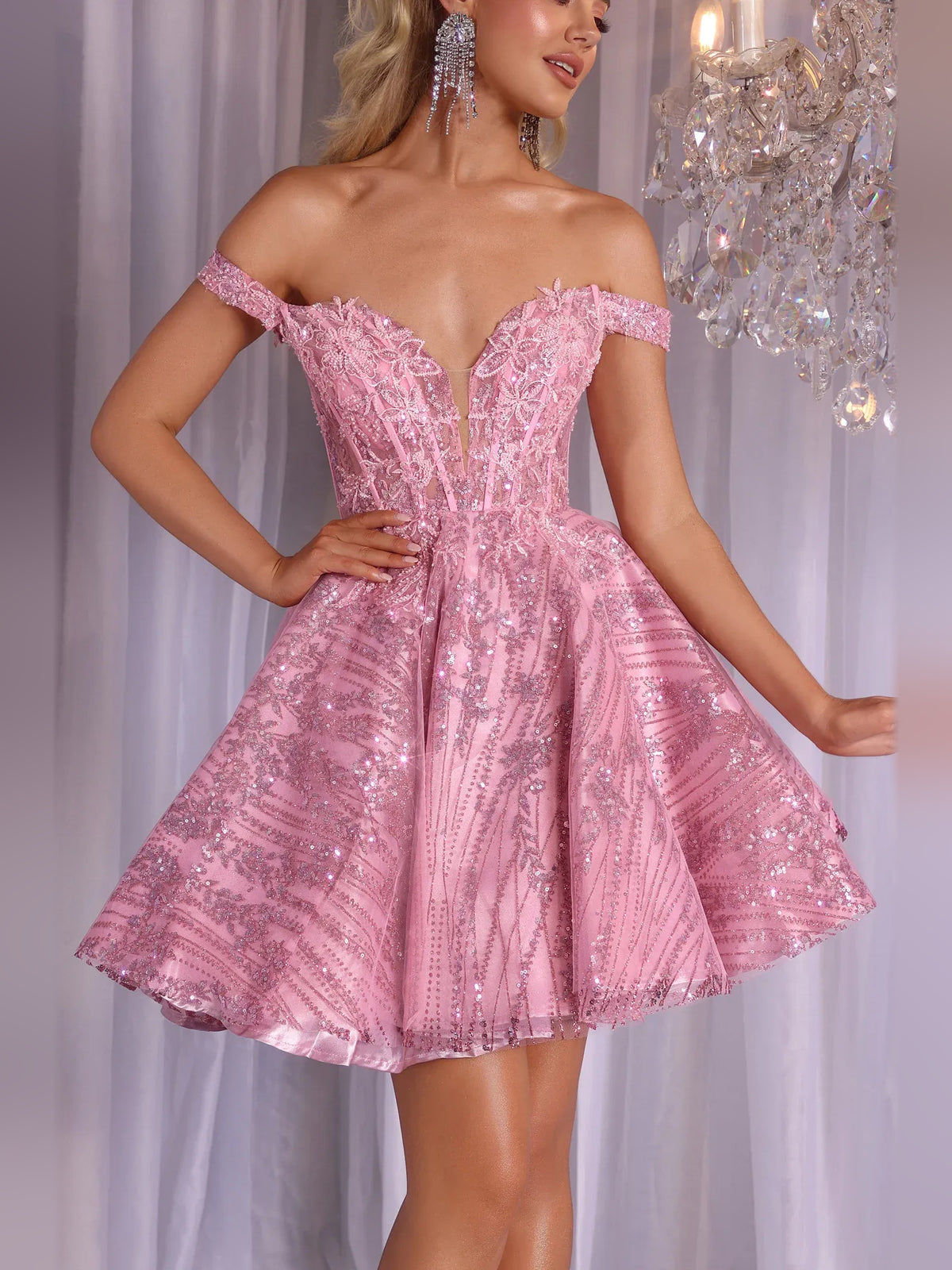 Pink mini homecoming dress, alternate view showing the bodice and skirt