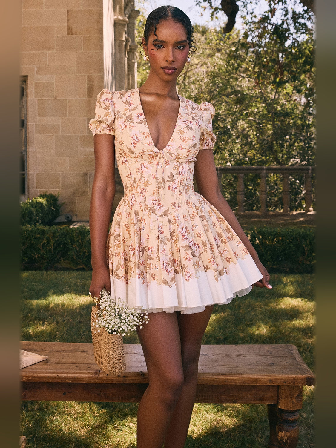 Print mini homecoming dress, alternate view showing the bodice and skirt