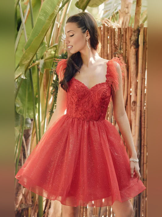 Red mini homecoming dress, back view showing the rear of the dress