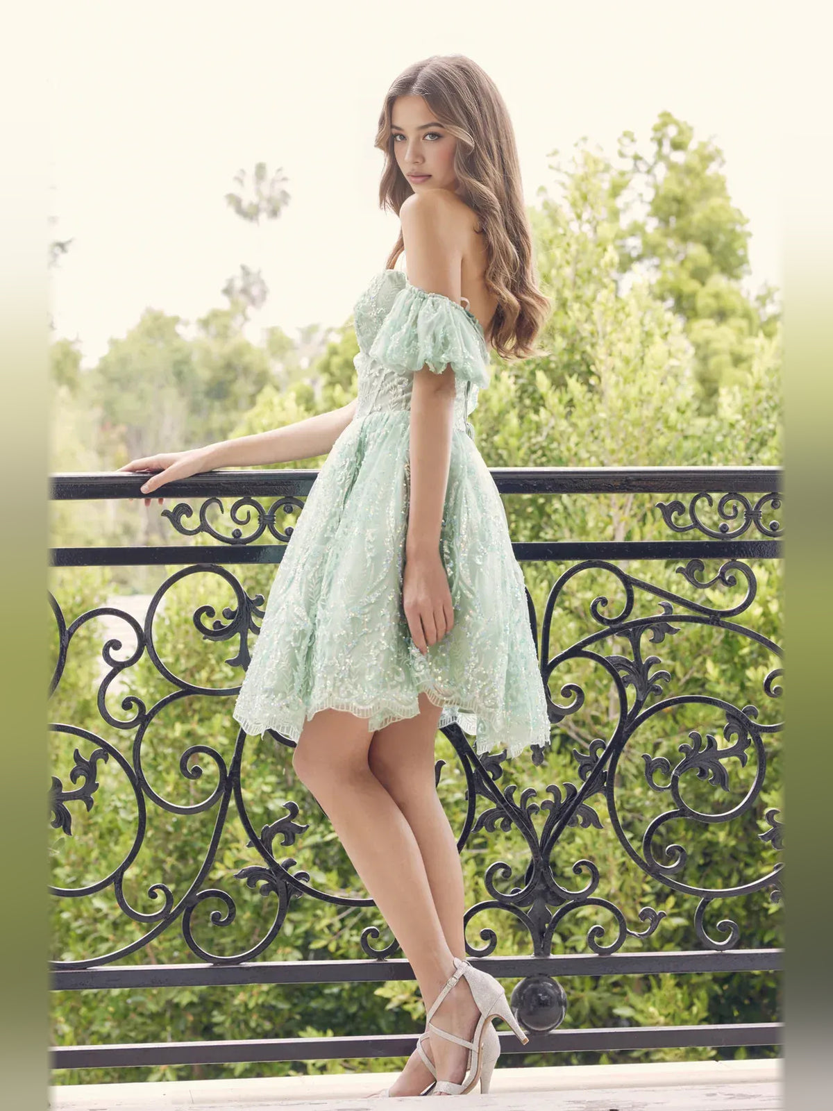 Mint Green short homecoming dress, back view showing the rear of the dress