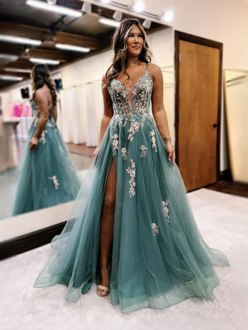 Dusty Sage floor-length prom dress, back view showing the rear of the dress