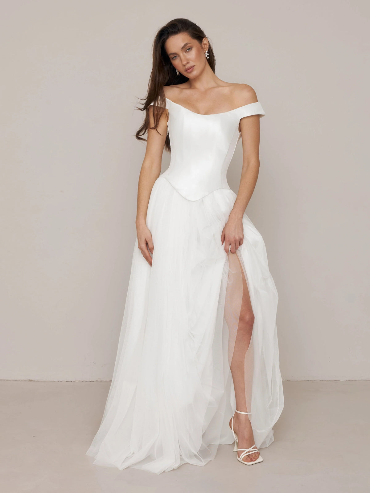 Ivory floor-length wedding dress, alternate view showing the bodice and skirt