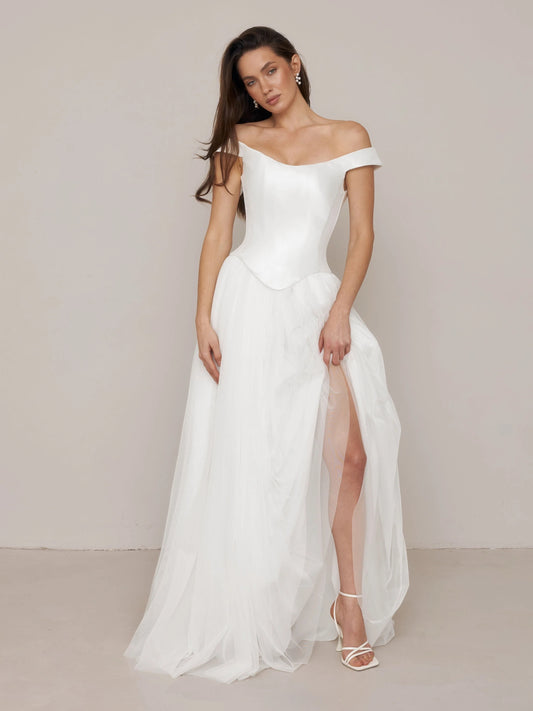 Ivory floor-length wedding dress, alternate view showing the bodice and skirt
