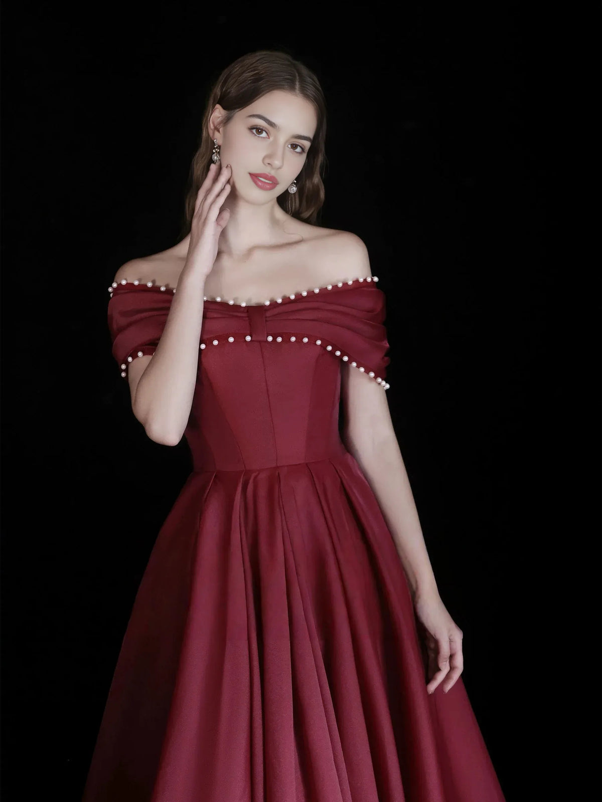 Burgundy a-line floor-length formal dress with draping, alternate view