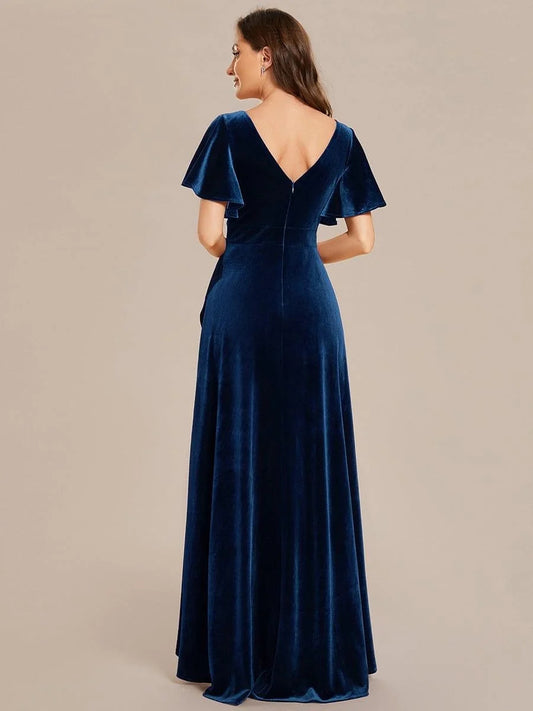 Navy Blue high-low mother of the bride dress, alternate view showing the bodice and skirt