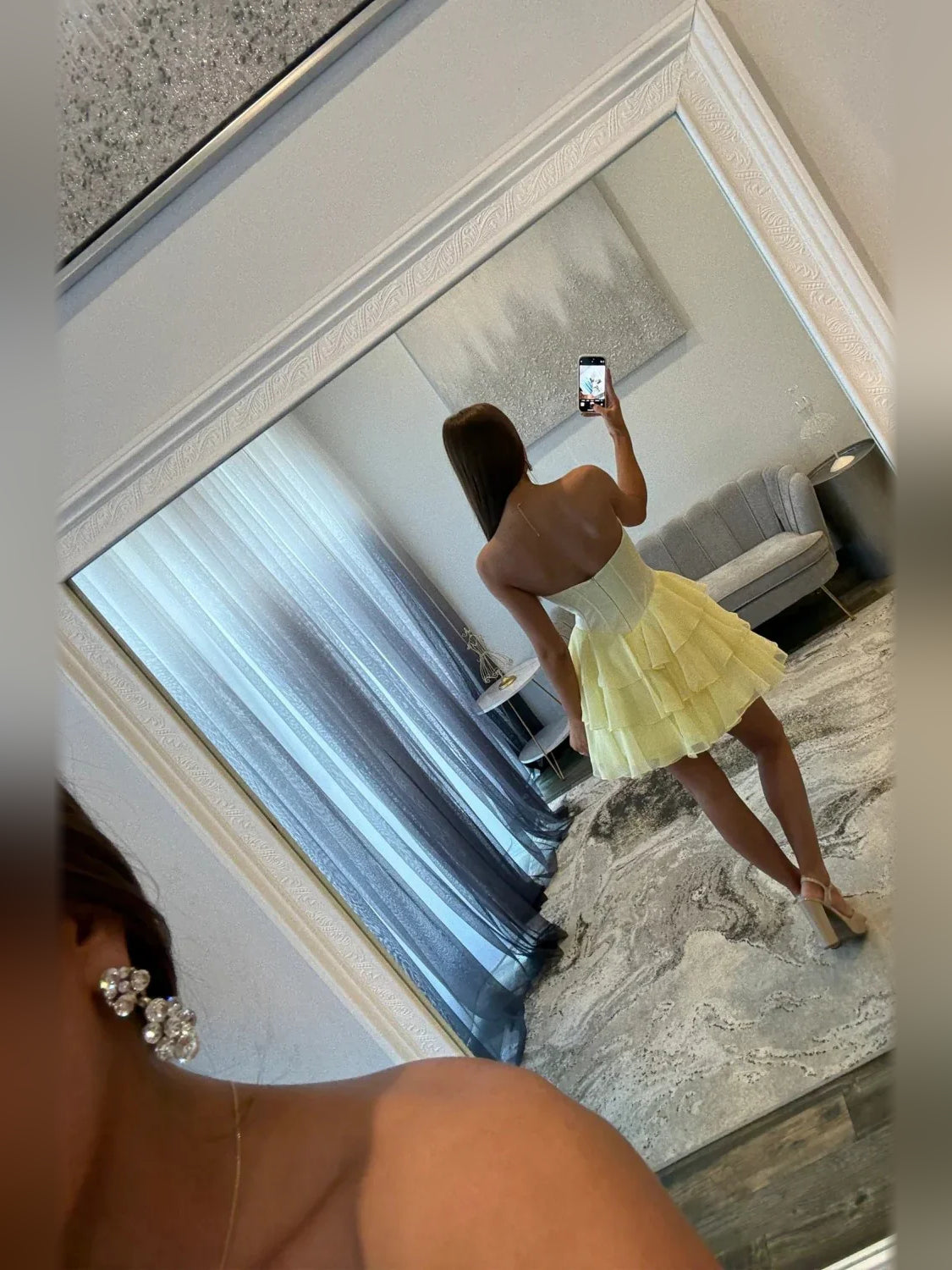 Daffodil short homecoming dress, back view showing the rear of the dress