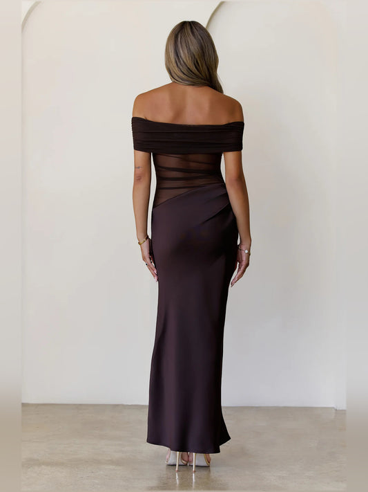 Brown sheath maxi formal dress with sheath, full-length back view