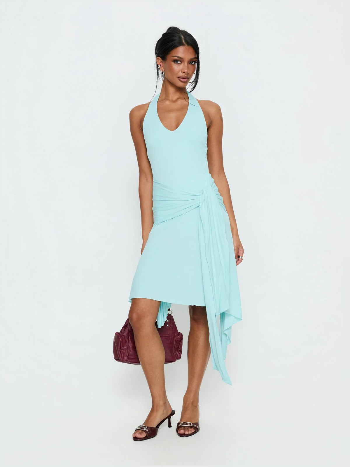 Turquoise midi formal dress with halter neckline, alternate view