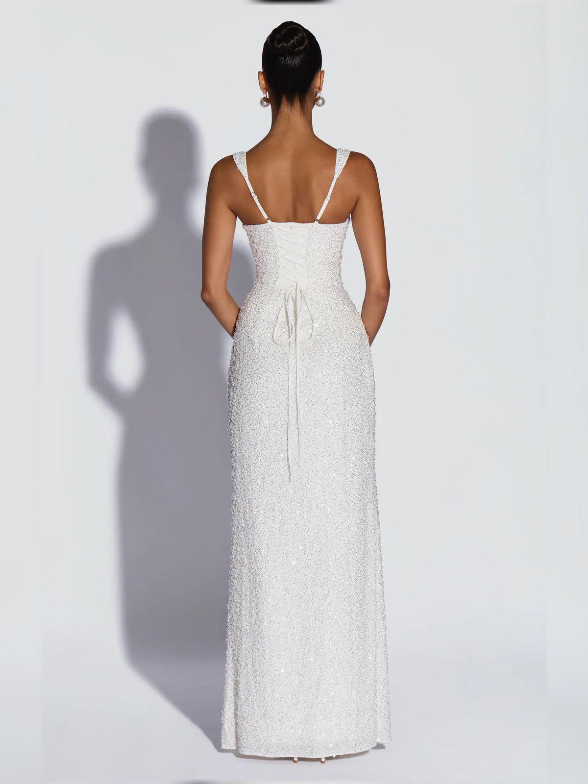 Ivory sheath floor-length formal dress with corset-style bodice, alternate view