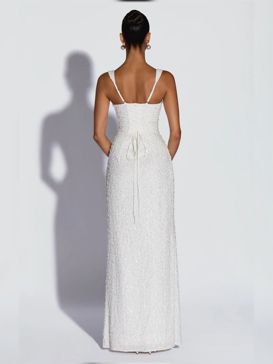 Ivory sheath floor-length formal dress with corset-style bodice, alternate view