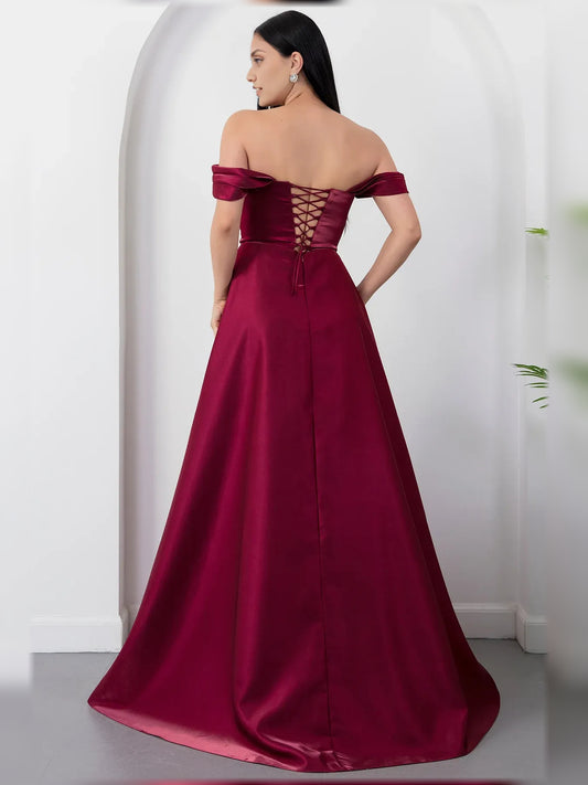 Deep Red a-line floor-length formal dress with draping, alternate view