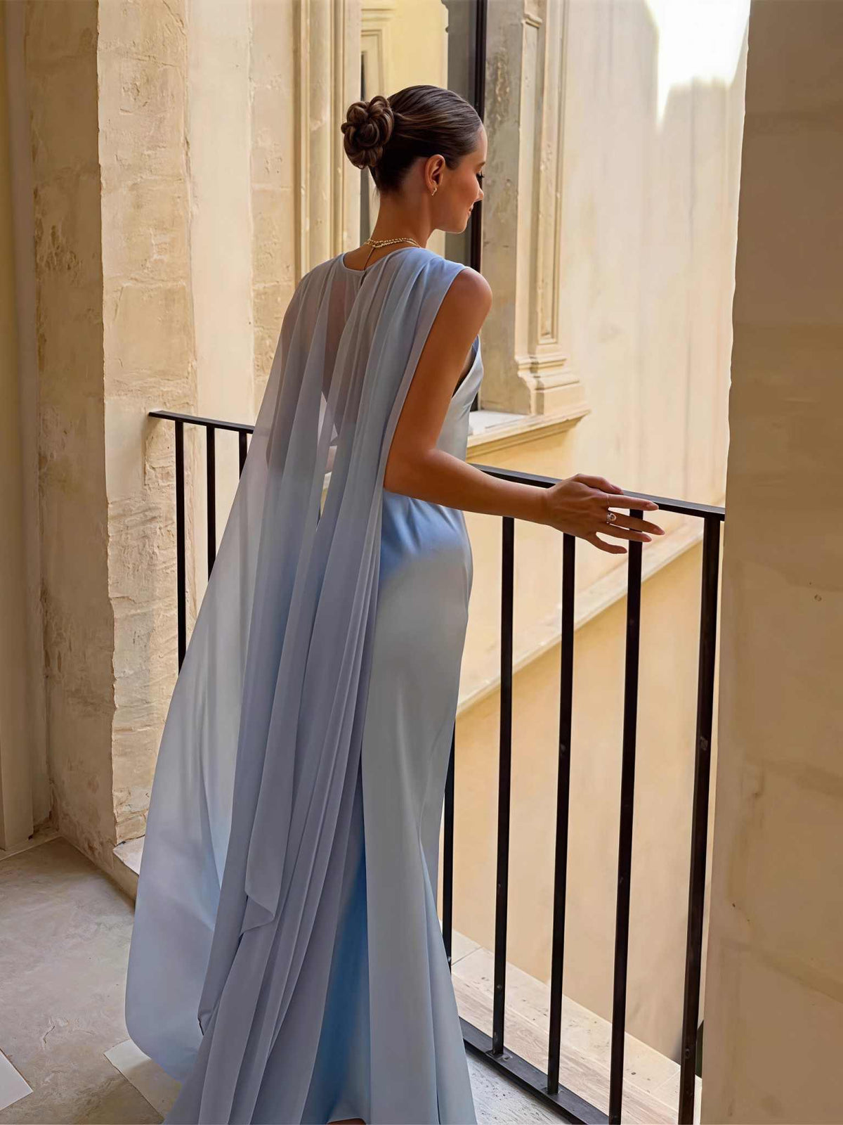 Steel Blue maxi bridesmaid dress, alternate view showing the bodice and skirt
