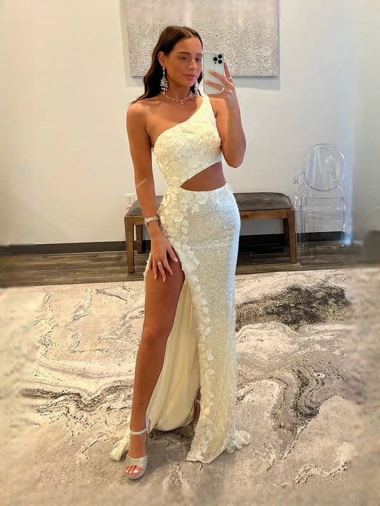 Ivory maxi prom dress, alternate view showing the bodice and skirt