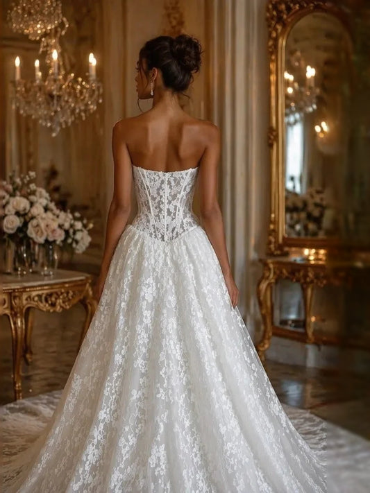 Ivory floor-length wedding dress, alternate view showing the bodice and skirt