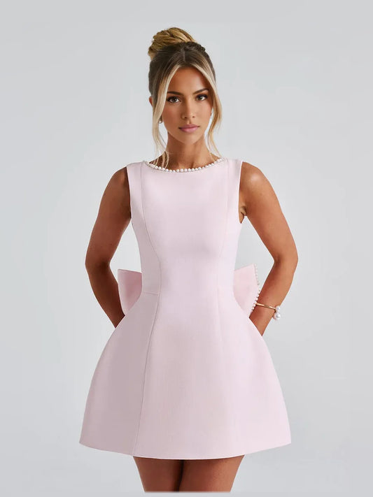 Blush Pink a-line mini formal dress with skirt slit, alternate view