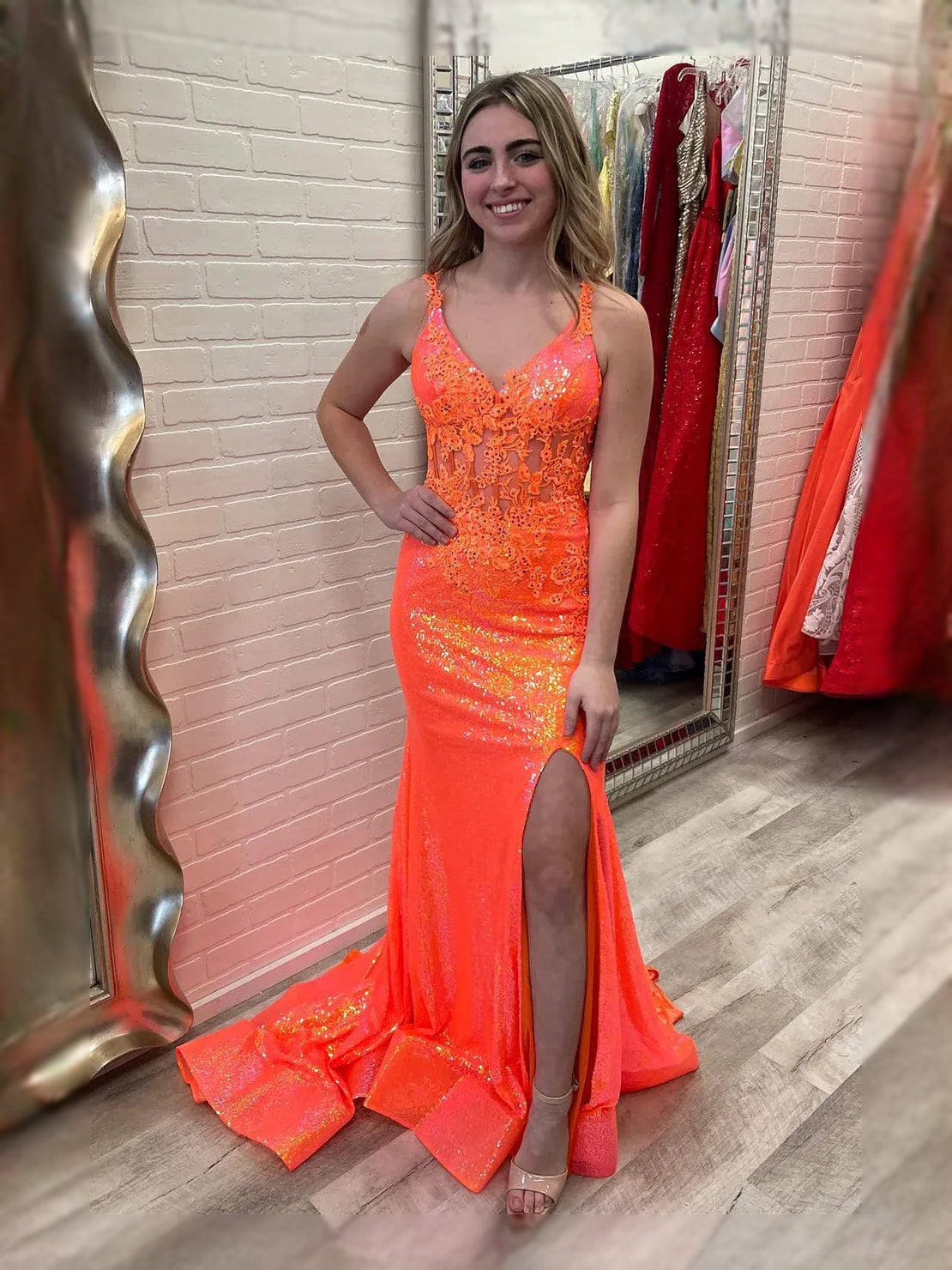 Orange maxi prom dress, alternate view showing the bodice and skirt