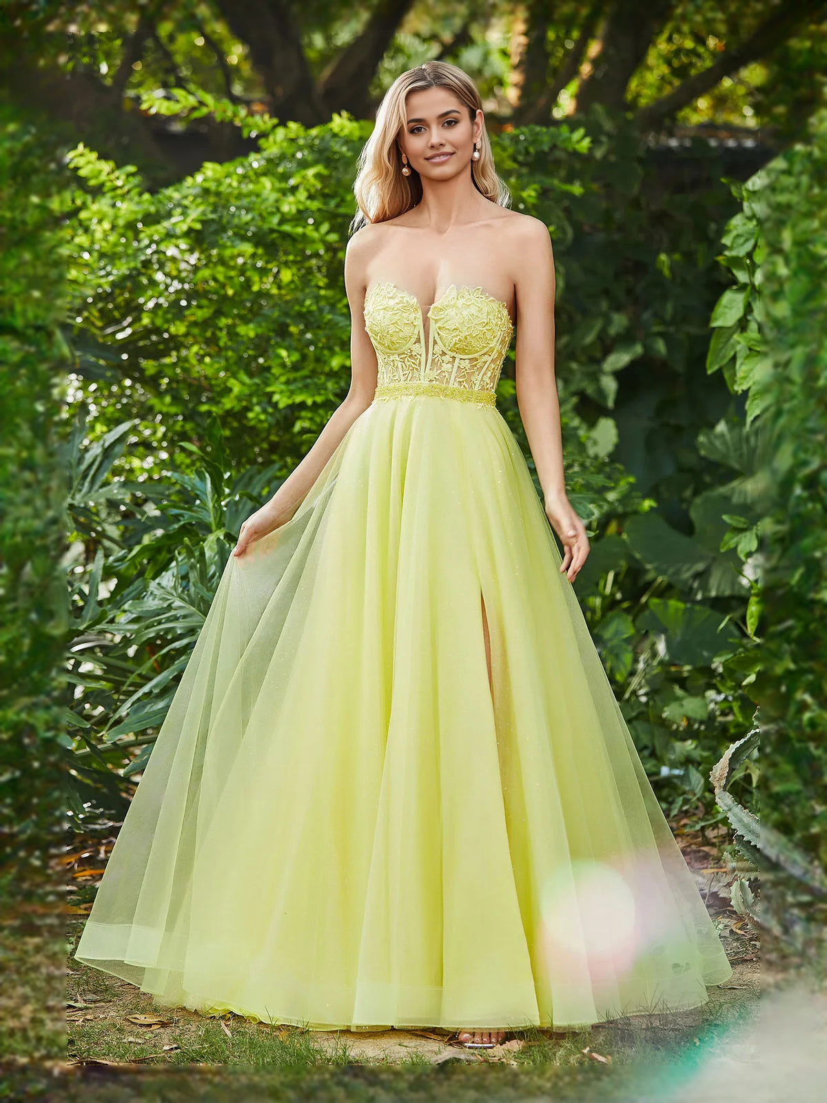 Daffodil floor-length prom dress, alternate view showing the bodice and skirt