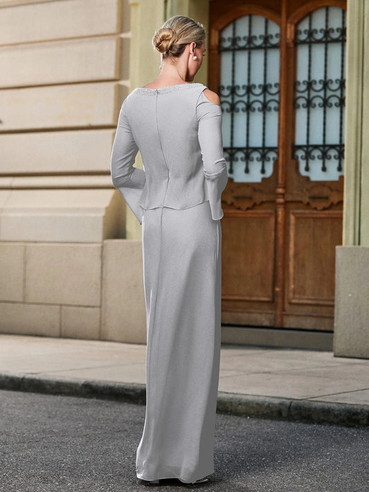 Silver floor-length mother of the bride dress, alternate view showing the bodice and skirt