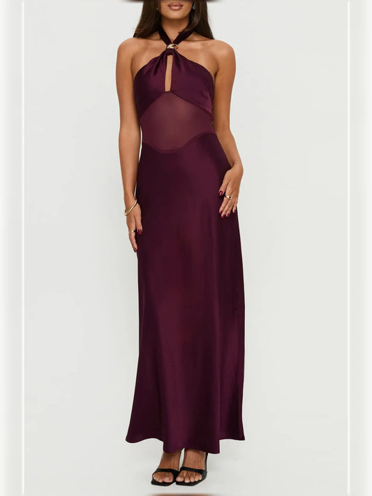 Plum bodycon floor-length formal dress with ruffle details, alternate view