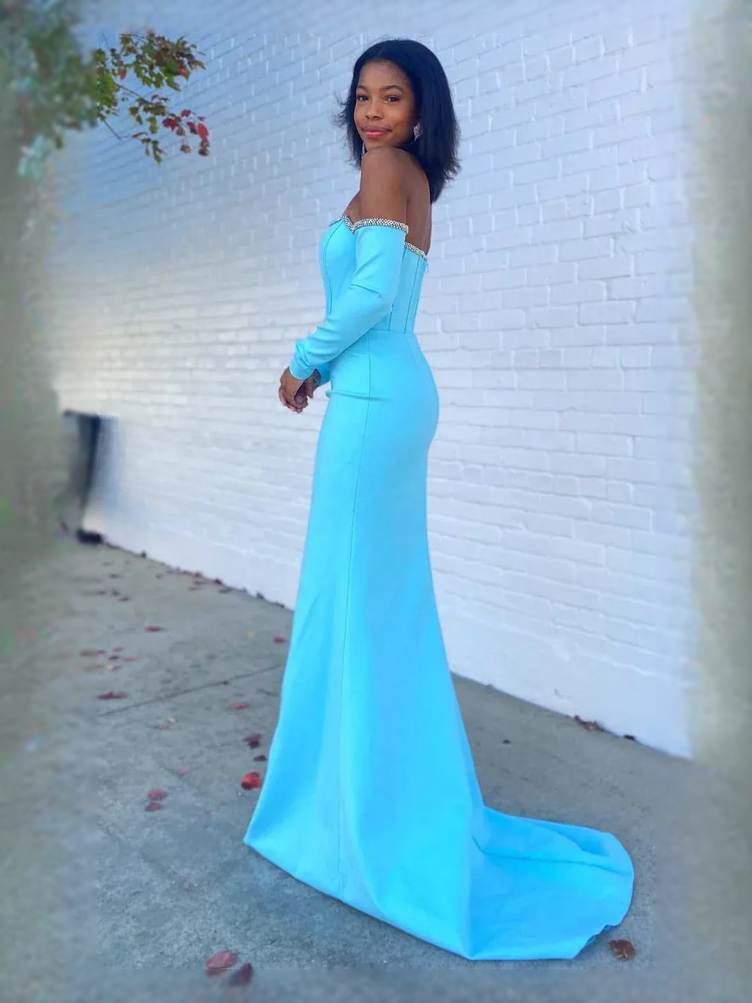 Light Blue maxi prom dress, back view showing the rear of the dress
