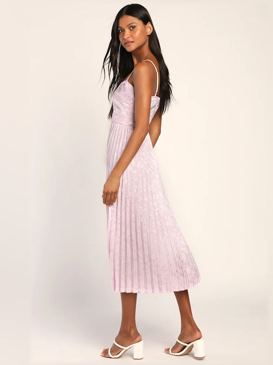 Lavender Floral Regal Romance Jacquard Pleated Satin Midi Formal Dress, product view