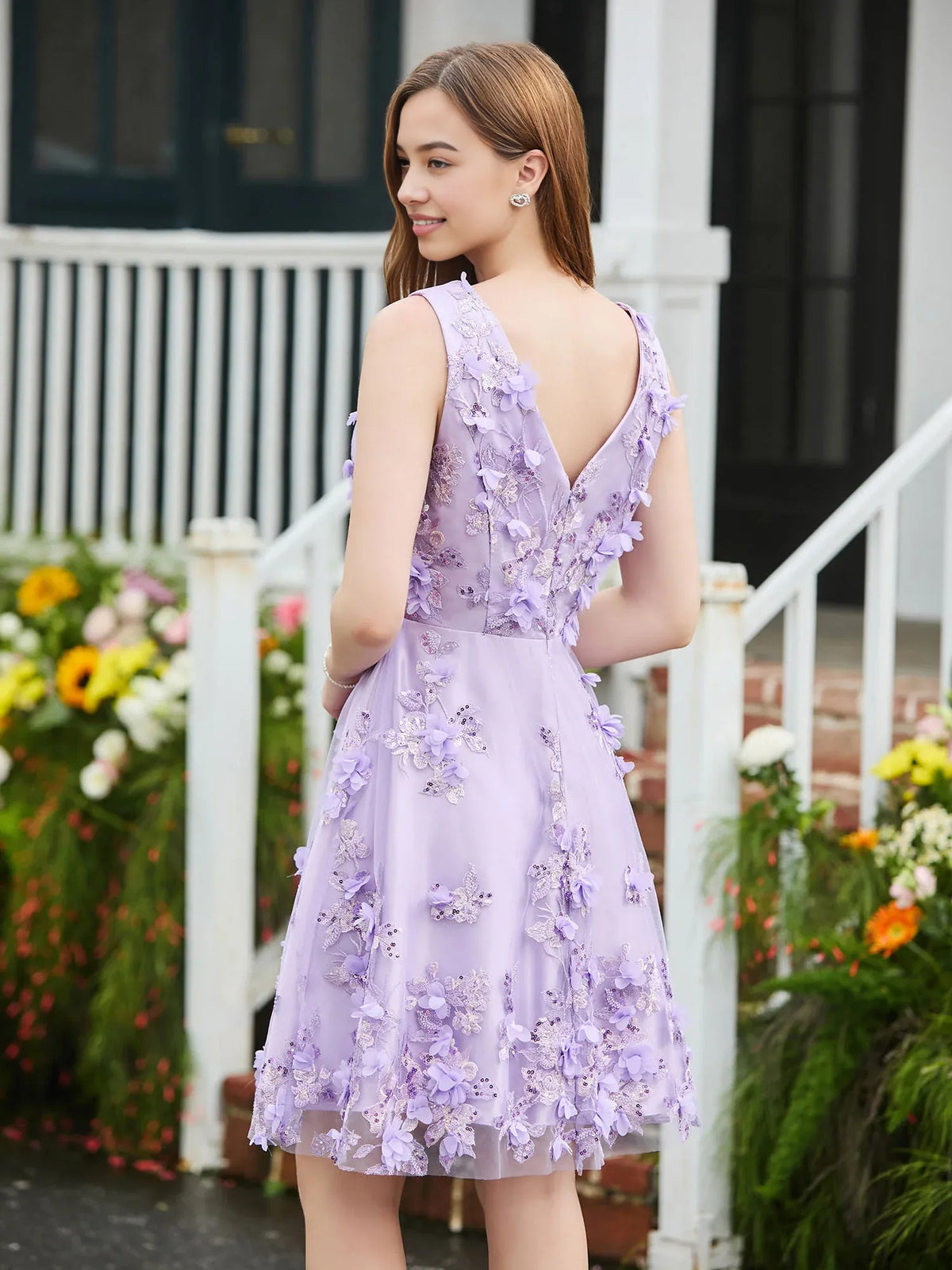 Lilac short homecoming dress, back view showing the rear of the dress