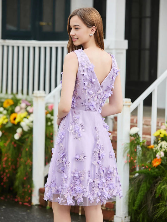 Lilac short homecoming dress, back view showing the rear of the dress
