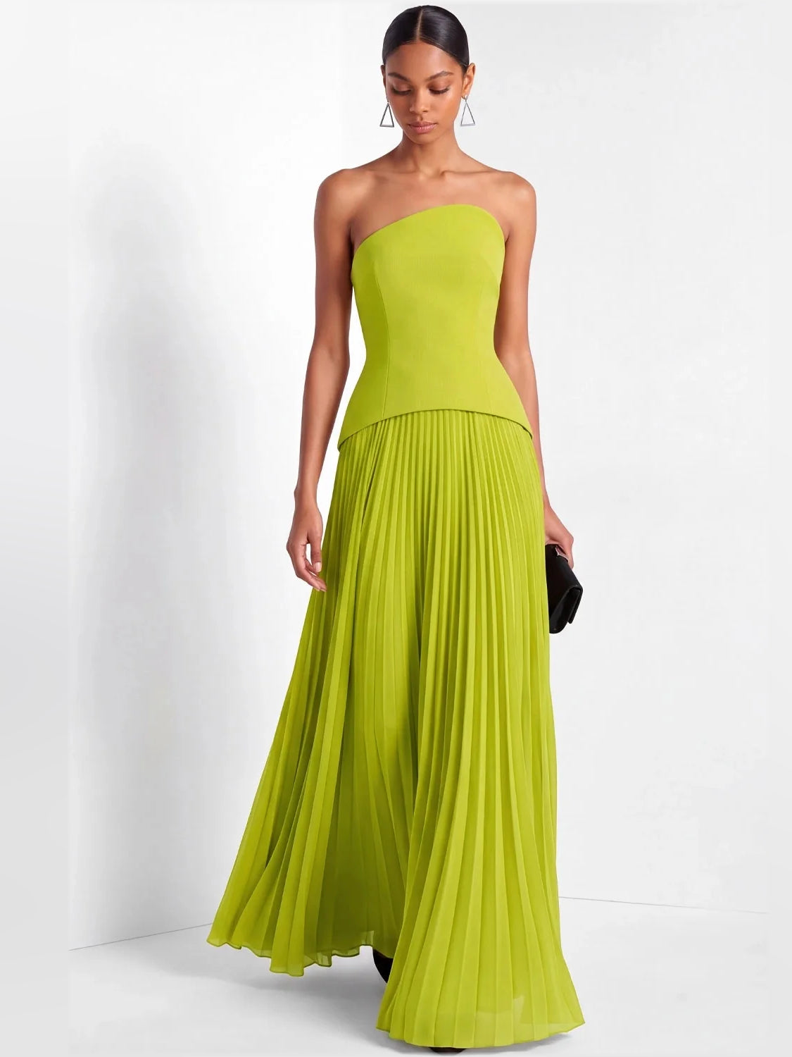 Lime Green maxi bridesmaid dress, alternate view showing the bodice and skirt