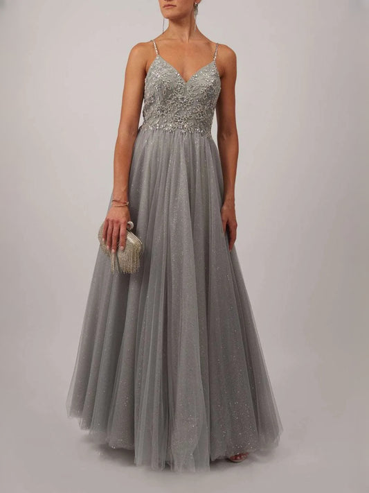 Silver floor-length prom dress, back view showing the rear of the dress
