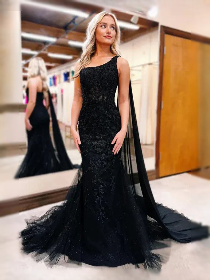 Black maxi prom dress, alternate view showing the bodice and skirt