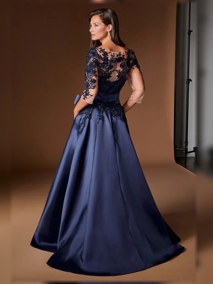 Dark Blue floor-length mother of the bride dress, alternate view showing the bodice and skirt