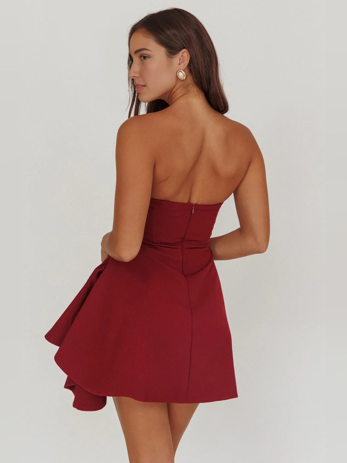 Wine mini homecoming dress, back view showing the rear of the dress