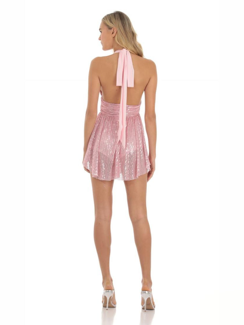 Pink mini homecoming dress, alternate view showing the bodice and skirt