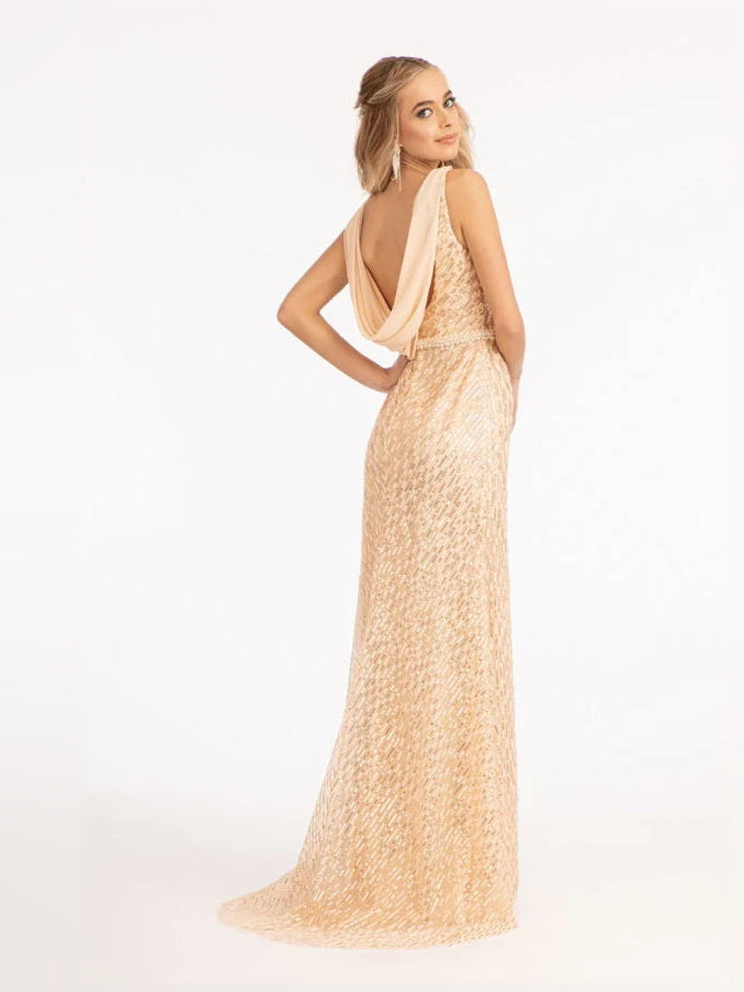 Champagne column floor-length formal dress with skirt slit, alternate view